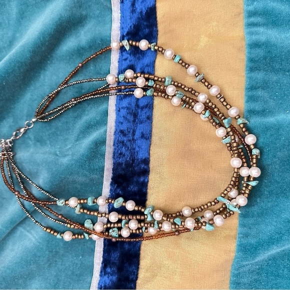 Woman’s 5 strand, multi beaded necklace, mixed beads, turquoise chips 5395 P - Picture 8 of 11